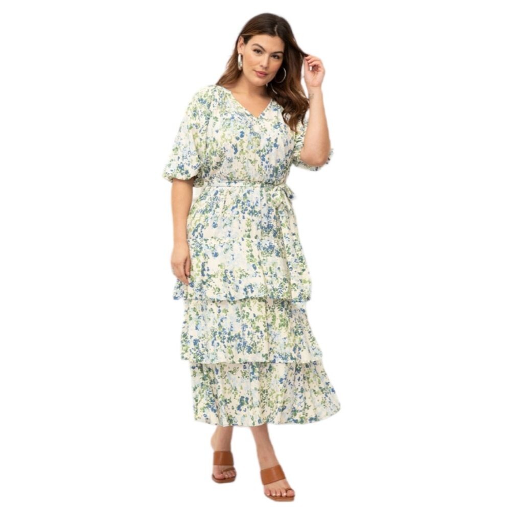 ELOQUII Elements Floral Tiered Midi Dress With Tie womens size 16